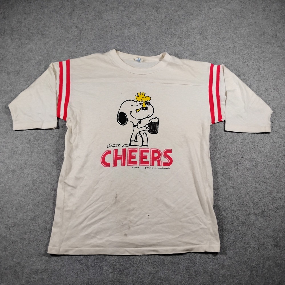 Vintage Men's White Snoopy Peanuts Cheers Beer Woodstock Graphic T-Shirt Size XL